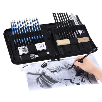 H & B 40Pcs/ Set Professional Sketching Drawing Pencils Kit Including Sketch Graphite Charcoal Pencils Willow Sticks Erasers Sharpeners With Pop-Up Stand Carry Bag For Art Supplies Students