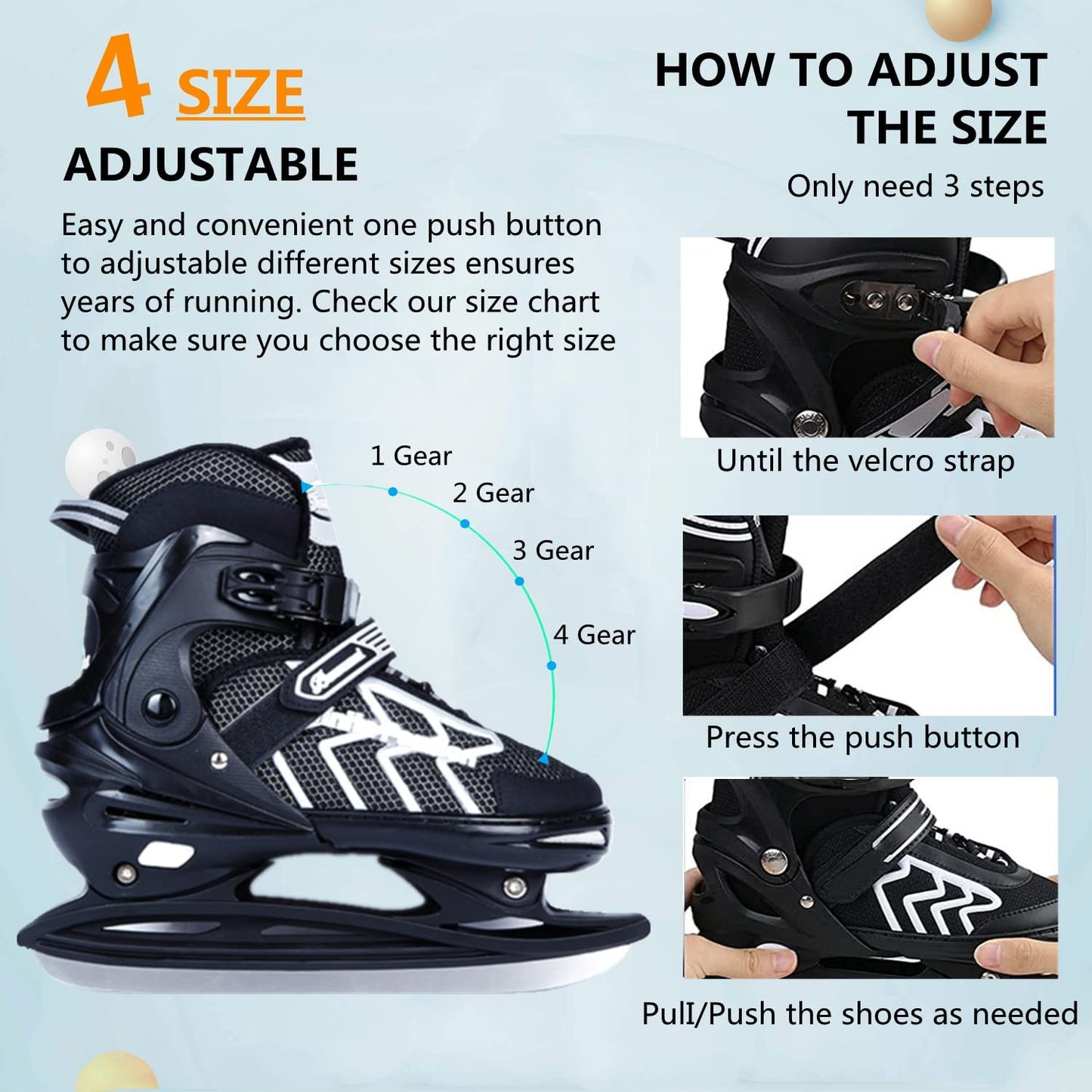 DUWIN Ice Skates，Hockey Skates,Skates with Adjustable 4 Sizes for Boys Girls Youth Men Women and Beginners