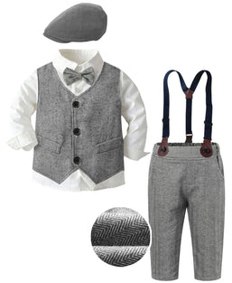 SANGTREE Boys Clothes Set, Shirt with Bow Tie + Newsboy Hat + Suspender Pants Sets, 6-7  Years