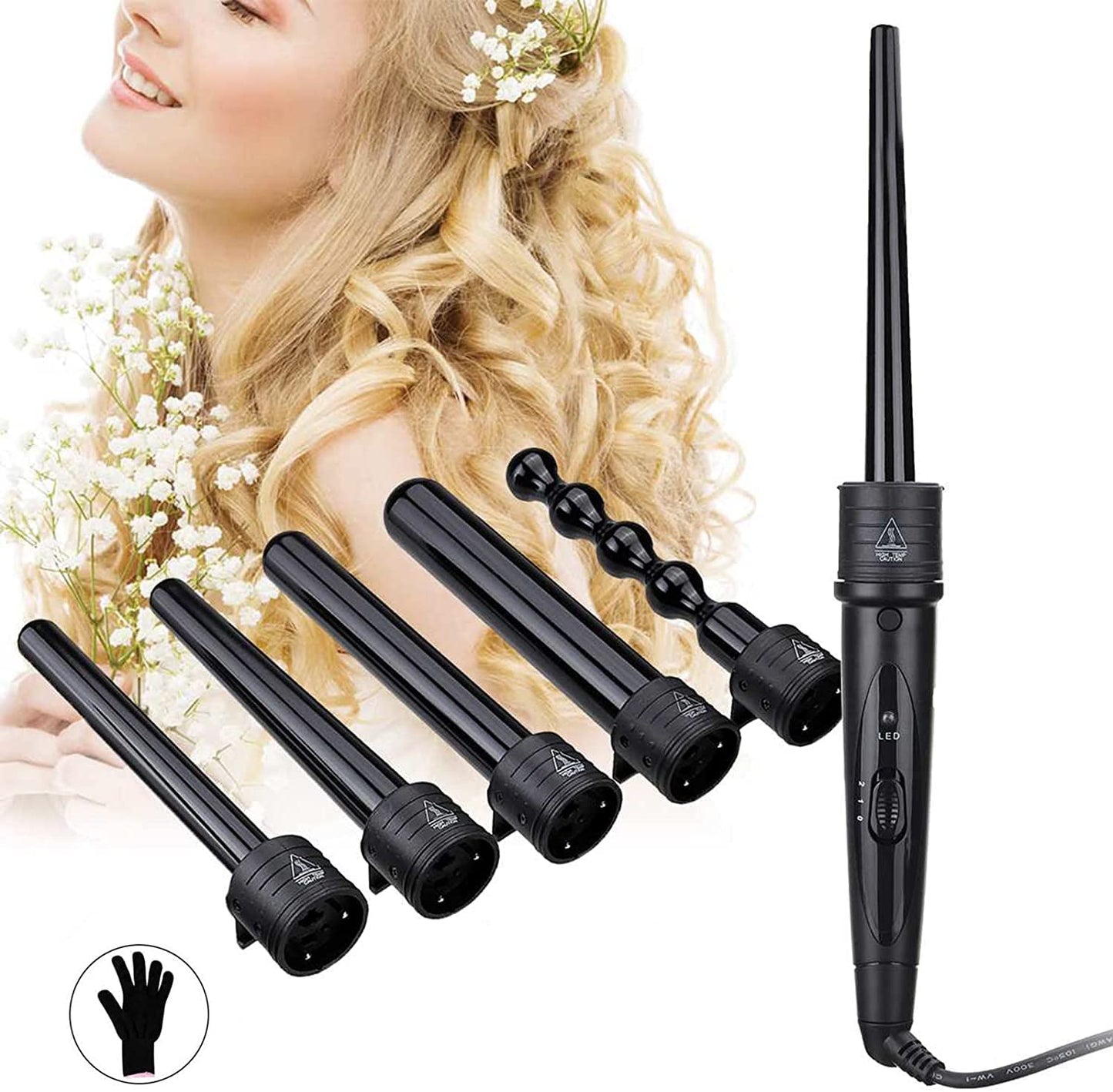 Beauenty Curling Wand Set,6 in 1 Hair Curler with 6 Interchangeable Curling Wand Ceramic Barrel(9-32mm), with LED & Temperature Adjustment and Heat Up, Hair Curler Include Heat Resistant Glove (A)