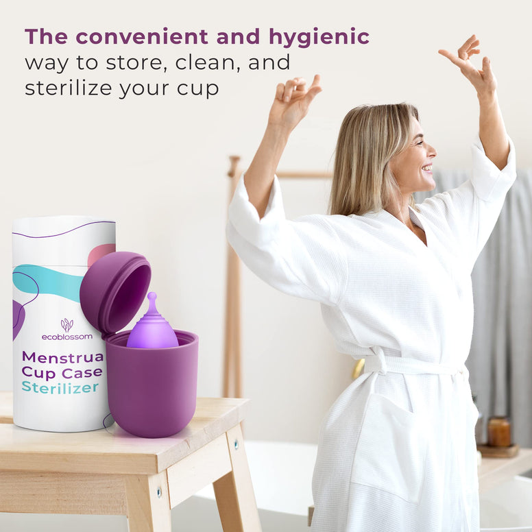 EcoBlossom Menstrual Cup Case and Sterilizer - Reusable Silicone Sterilizing Holder - Cleaner Period for You and Your Disc or Cup - Portable Cleaning Container & Microwave Steamer (Purple)