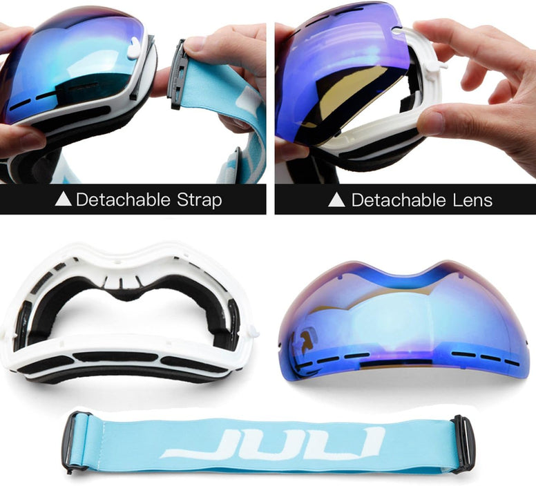 Juli Ski Goggles,Winter Snow Sports Snowboard Goggles with Anti-Fog UV Protection Interchangeable Spherical Dual Lens for Men Women & Youth Snowmobile Skiing Skating Blue