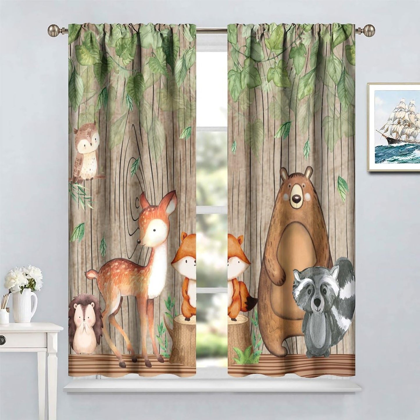 Forest Animal Kids Curtains, Wild Rustic Bear Fox Deer Children Cartoon Window Treatments for Living Room, Watercolor Woodland Animal Blackout Drapes 2 Panel Sets,42x45 Inch