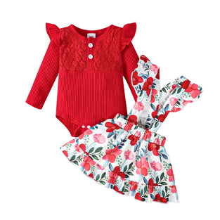 Haokaini Newborn Baby Girl Floral Braces Skirt Outfits Ruffle Long Sleeve Lace Romper Top with Headband Jumpsuit Dress Clothing Set, for 0-3 Months