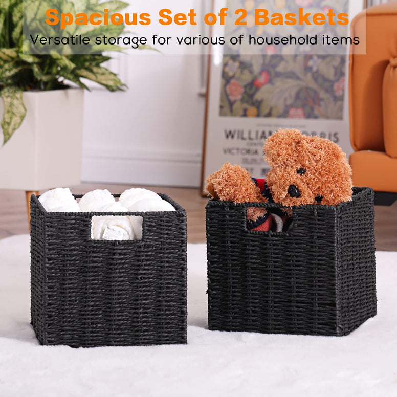 Vagusicc Wicker Baskets for Storage, Set of 2 Hand-Woven Storage Baskets for Shelves, Foldable Cube Storage Baskets Bins with Handles, 9 inch Small Wicker Baskets for Organizing Pantry Bedroom, Black