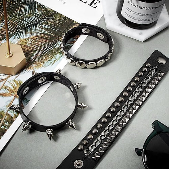 Punk Bracelet for Men Women - Goth Black Leather Wristband with Metal Studded - Spike Rivets Cuff Bangle