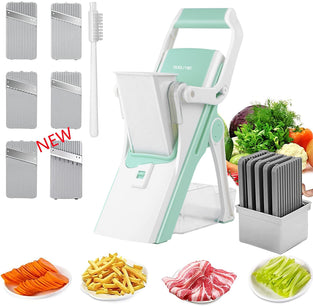 Mandoline Slicer for Kitchen,Kitchen Chopping Artifact,Kitchen Chopper,Safe Multifunctional Vegetable Slicer,Adjustable Food cutter for French Fries Potato, with Container -6 Blades(Green)