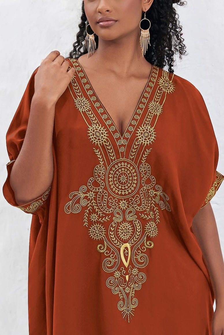 YouKD Embroidered Kaftan Dress Boho Beach Bikini Cover Up Robe Plus Size Loungewear for Women