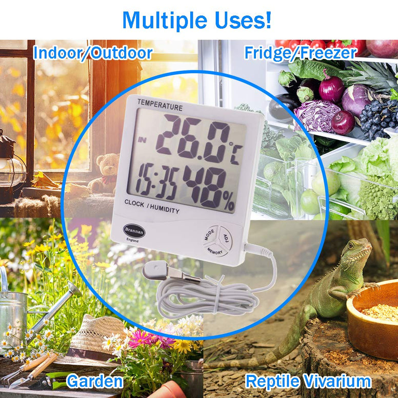 Brannan Digital Hygrometer Indoor Outdoor Thermometer, Temperature Clock And Humidity Monitor With Jumbo 1 Inch Digit Screen - UK