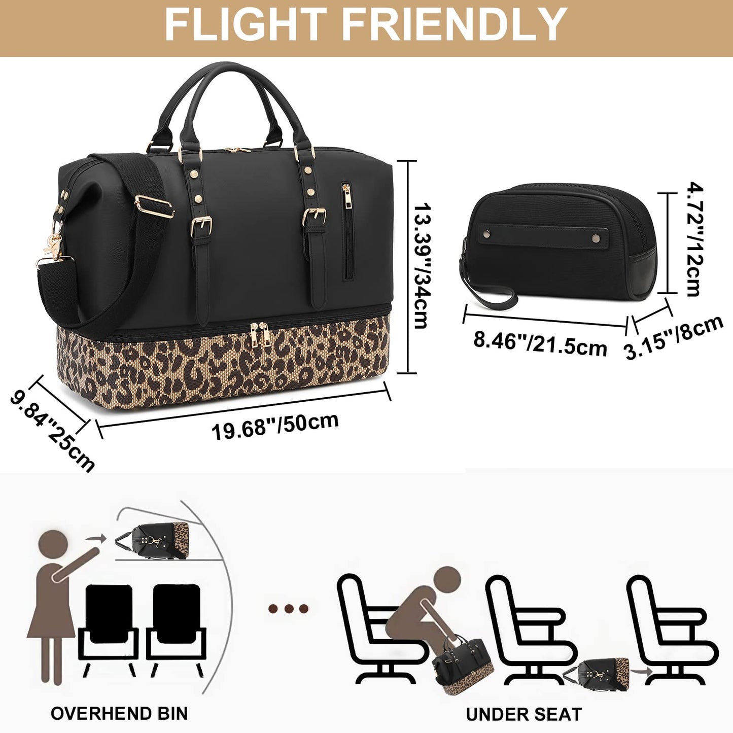 CAMTOP Weekend Travel Bag Ladies Women Duffle Tote Bags PU Leather Trim Canvas Overnight Bag Luggage, 831 Black, Weekender Bag Set Travel Bag With Makeup Bag