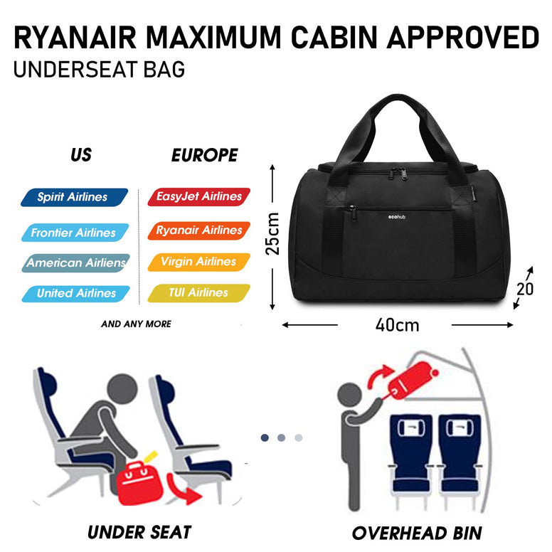 ECOHUB Ryanair Cabin Bags 40x20x25 Underseat Cabin Bag Travel Hand Luggage Bag Holdall Bag Carry on Bag Overnight for Women and Men Weekend Bag Hospital Bag Recycled PET Eco Friendly，Black, Black,