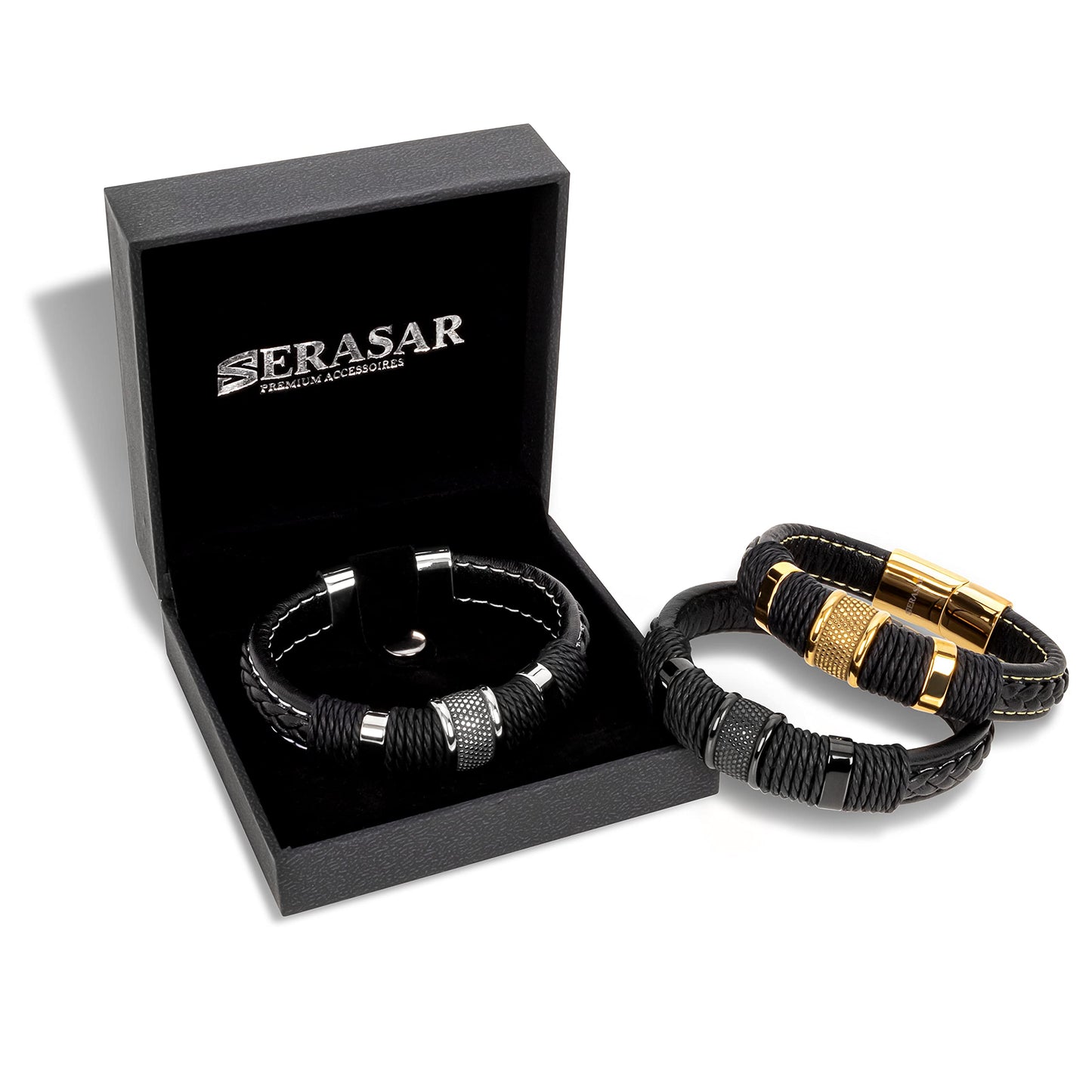 SERASAR | Premium Bracelet [Ring] for Men in Genuine Black Leather | Magnetic Stainless Steel Clasp in Black, Silver and Gold | Exclusive Jewellery Box | Great Gift Idea