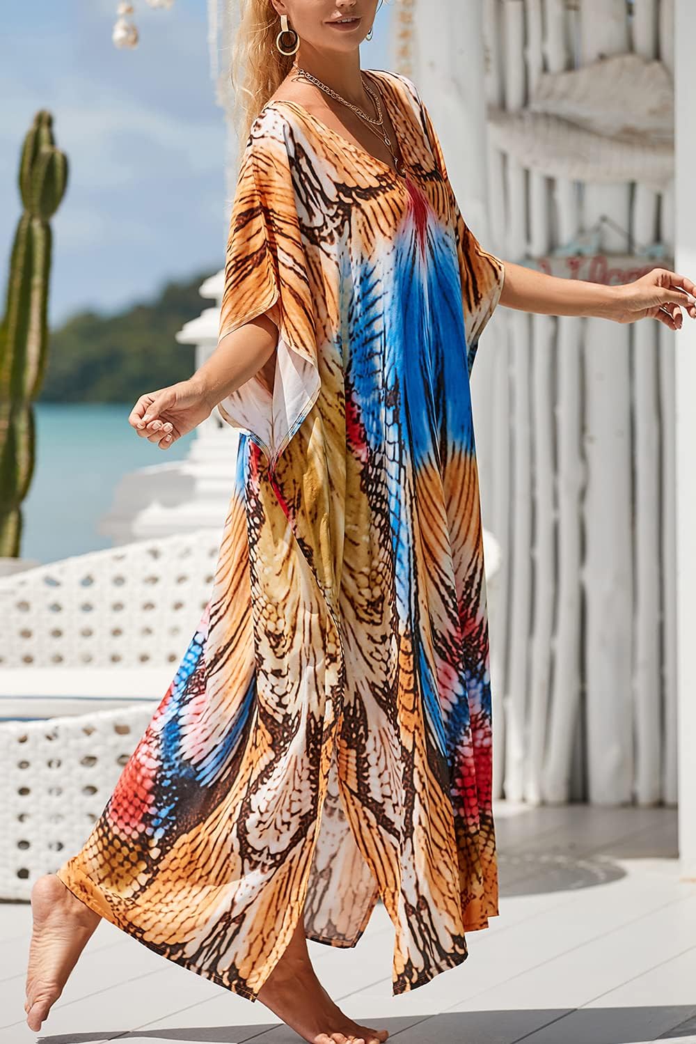 YouKD Maxi Dress V-Neck Kaftan Boho Robes Beach Cover-ups Dress Roomy Gowns for Women