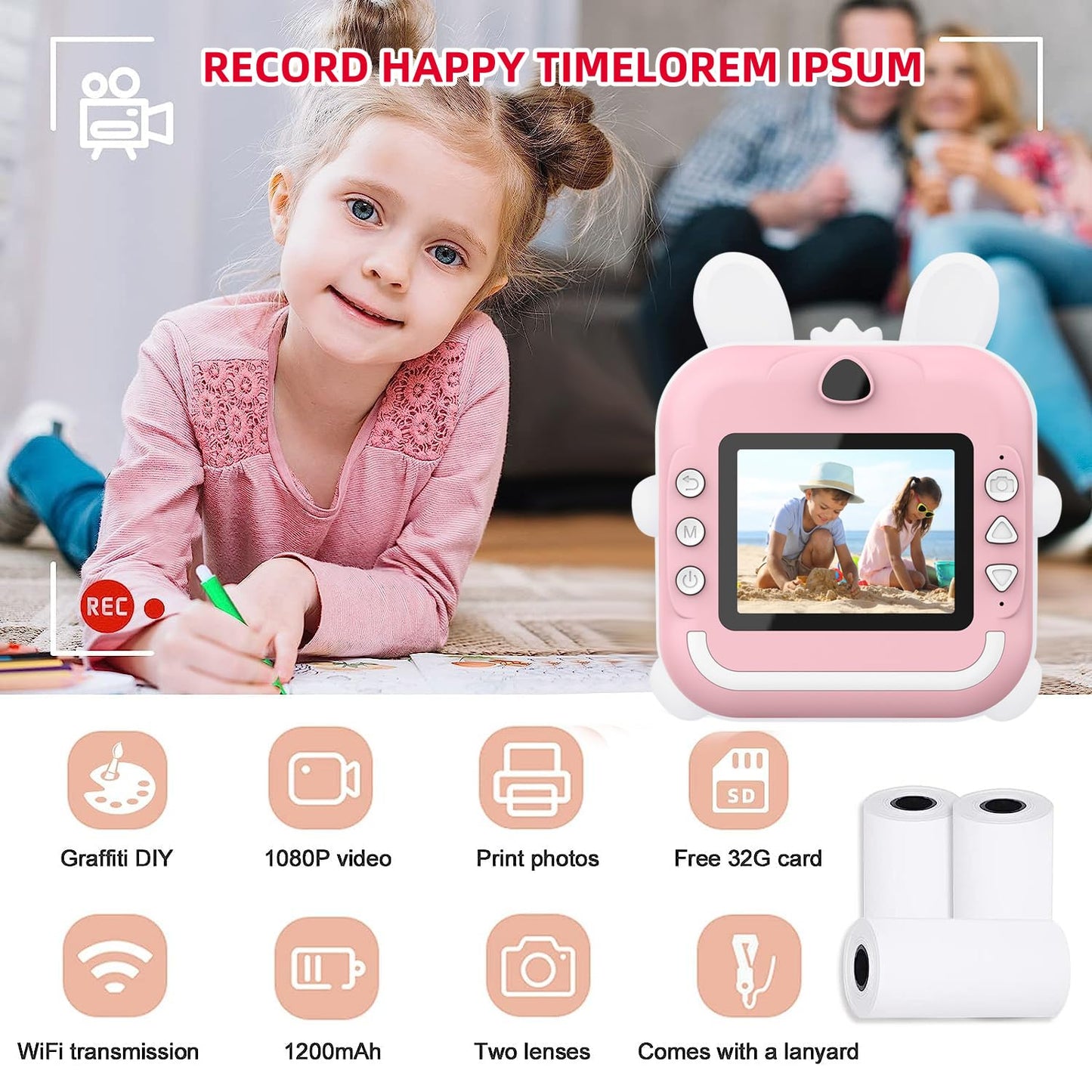 Kids Camera,Instant Camera Toddler Digital Camera with 1080P HD Video Camera,2.4"IPS Screen Printing Instant Camera for Girls Boys 3-12, 24MP Camera with Phone Connected 32GB Card