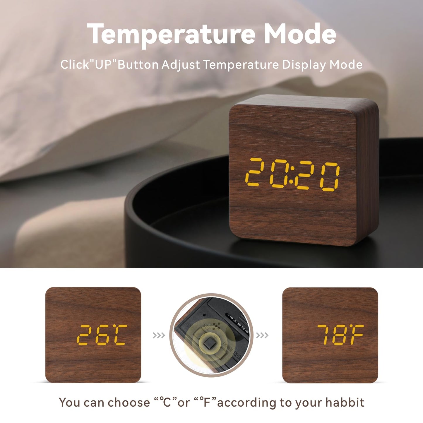 Baytion LED Digital Alarm Clock,Mini Square Table Clock with 3 Group of Alarm Settings,Temperature, Date Display Bedside Clock Support USB Cable and Battery Power for Bedroom, Beside,Kitchen(Brown)
