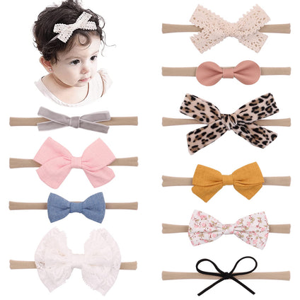 ikeoat Baby Girls Headbands and Bows, Newborn Infant Toddler Nylon Elastics Hairbands Hair Accessories Set Of 10