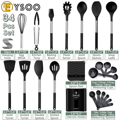 EYSOO Kitchen Cooking Utensils 34 Pcs Set Silicone Kitchen Gadgets Tools Set with Holder for Non-stick Cookware Heat-resistant Silicone Spatula Tools Set with Stainless Steel Handle (Black)