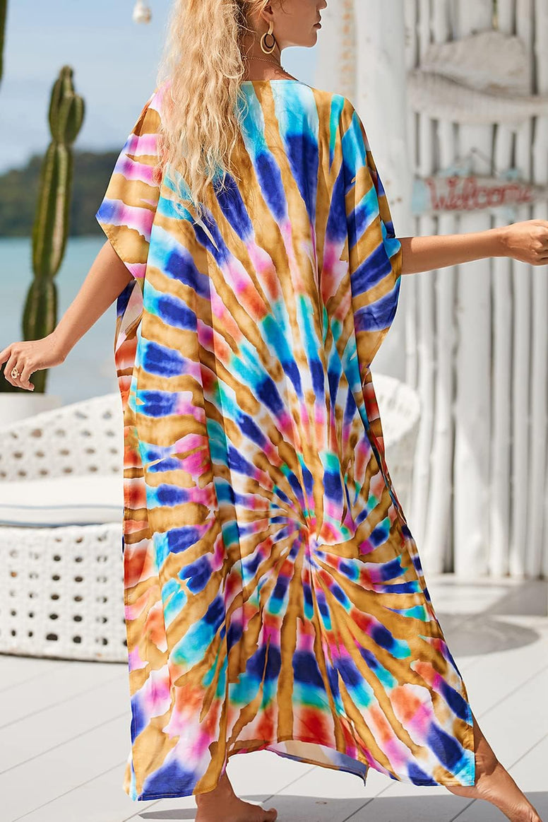 YouKD Maxi Dress V-Neck Kaftan Boho Robes Beach Cover-ups Dress Roomy Gowns for Women