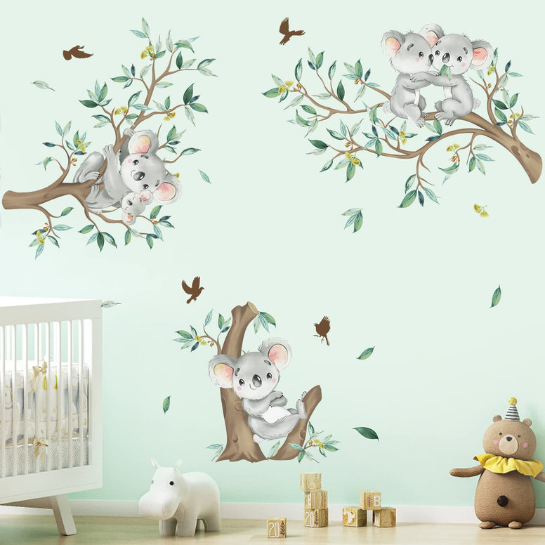 decalmile Koala Tree Branch Wall Decals Green Tree Leaves Wall Stickers Baby Nursery Kids Bedroom Living Room Wall Decor