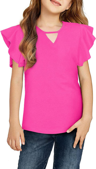 Greatchy Girls Shirts Short Sleeve Tee Ruffle Solid Summer Keyhole Neck Cotton Blouse Tops