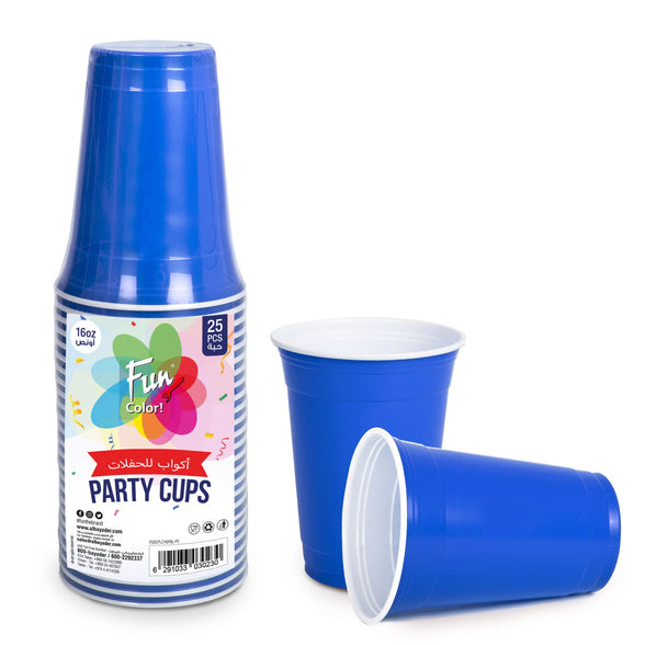 fun Plastic Party Cups 16oz Blue Sturdy Red Birthday for All Occasions, 475ml 25pieces