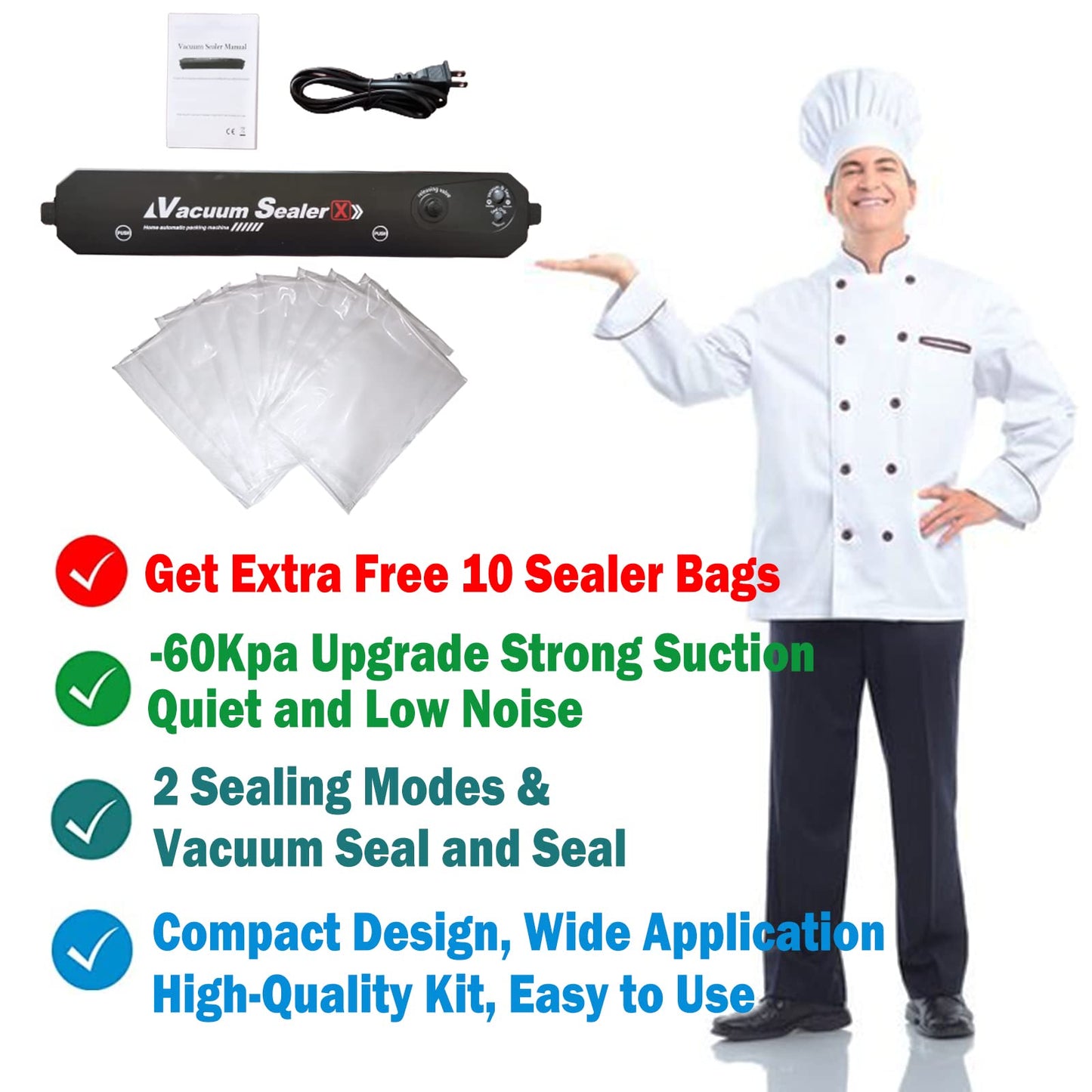 FFUWERG Vacuum Sealer with 10 Sealer Bag Vacuum Sealer Machine Automatic Food Vacuum Sealer for Food Savers Storage Household Black Food Sealer