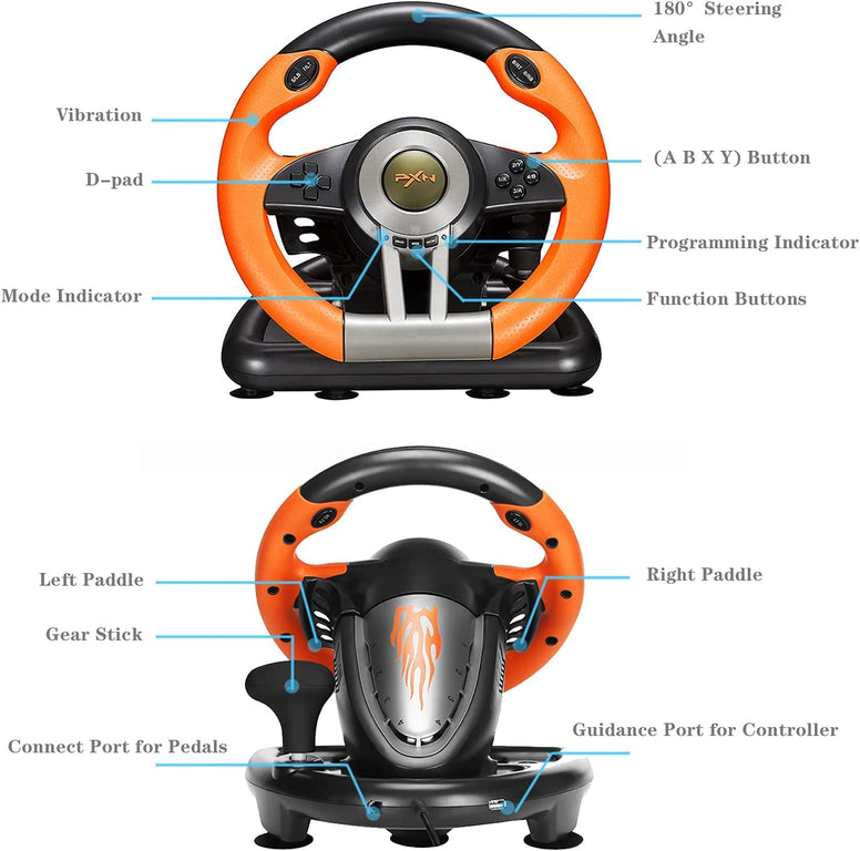 PXN V3II Simulate Racing Game Steering Wheel with Pedal, 180 Degree Steering Wheel, Compatible with Windows PC, PS3, PS4, Xbox One X|S, for Nintendo Switch-Orange