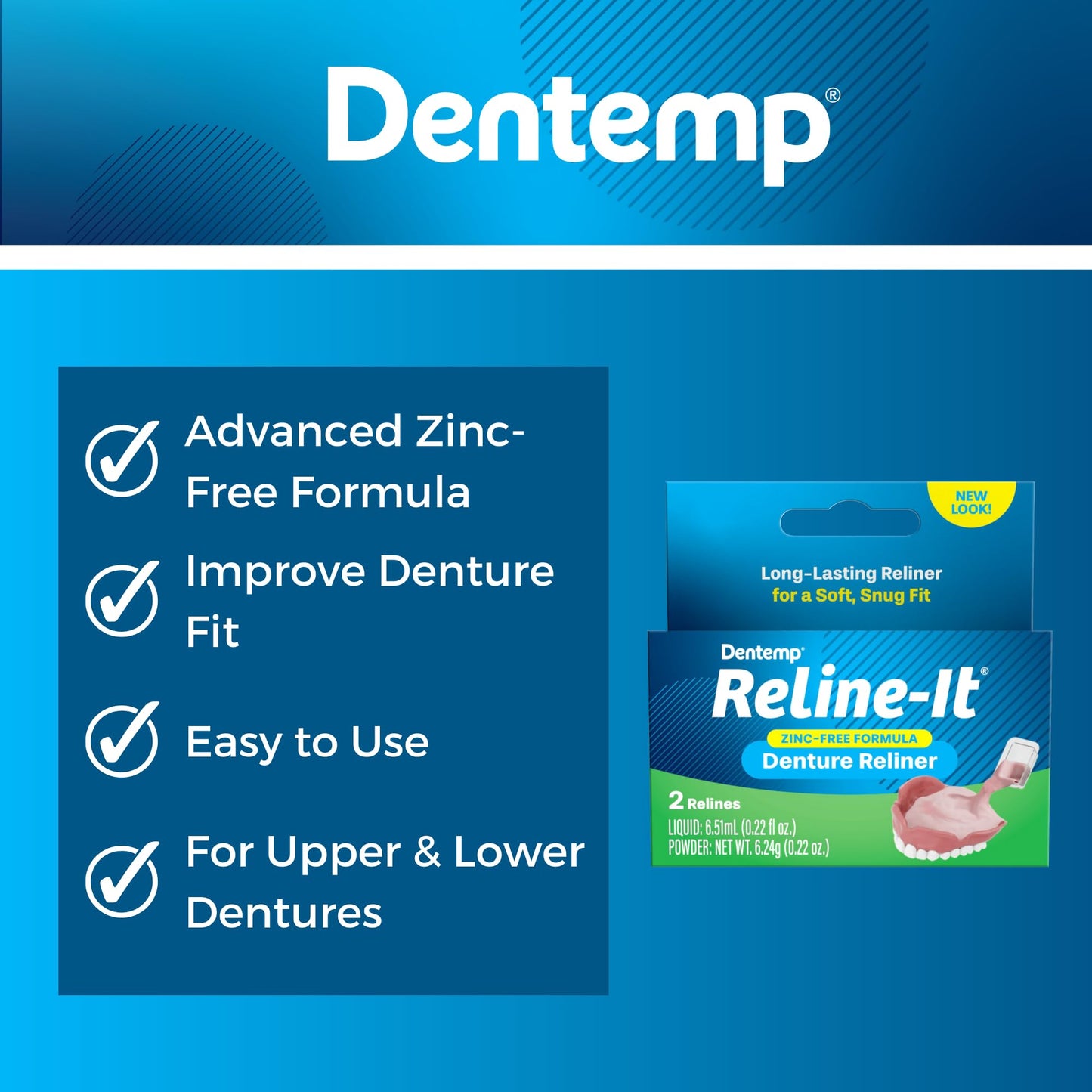 Dentemp Denture Reline Kit - Advanced Formula Reline It Denture Reliner - Denture Kit to Refit and Tighten Dentures for Both Upper & Lower Denture