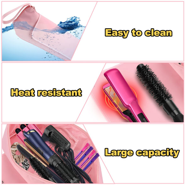 BABORUI Large Hair Tools Travel Bag, Heat Resistant Hair Travel Bag for Curling Iron, Flat Irons, Straighteners, Hanging Travel Hair Tools Bag with Heat Resistant Mat, Hangable Handles (Pink)