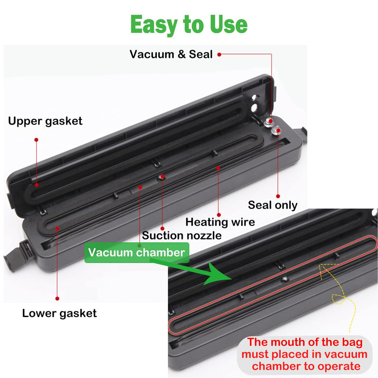 FFUWERG Vacuum Sealer with 10 Sealer Bag Vacuum Sealer Machine Automatic Food Vacuum Sealer for Food Savers Storage Household Black Food Sealer