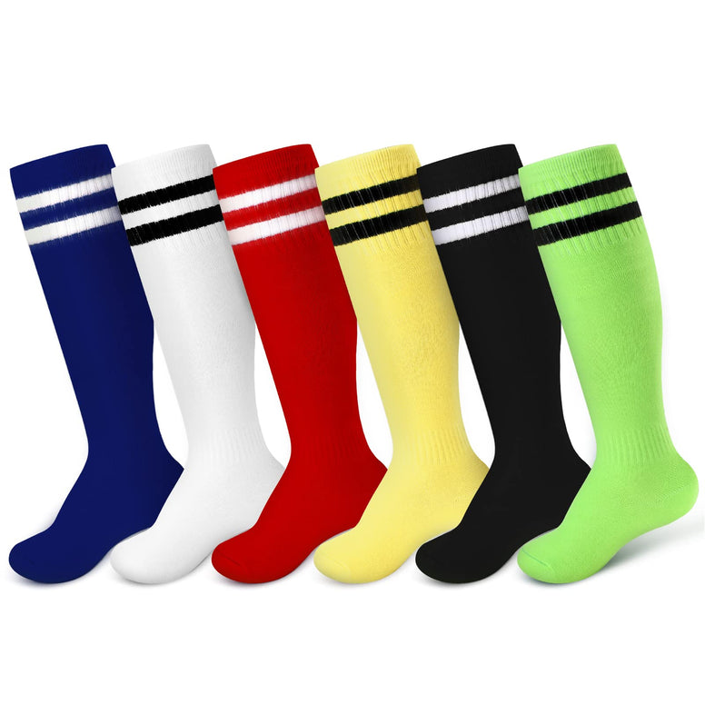 6 Pairs Kids Toddler Soccer Socks Breathable Over the Knee Boys Tube Socks Stripes Football Socks Uniform Sports Stockings