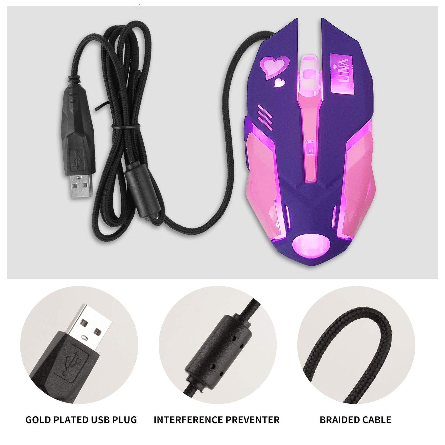 Greshare Gaming Mouse,Pink Backlit Optical Game Mice Ergonomic USB Wired with 2400 DPI and 6 Buttons 4 Shooting for Computer/Win/Mac/Linux/Andriod/iOS. (Purple)