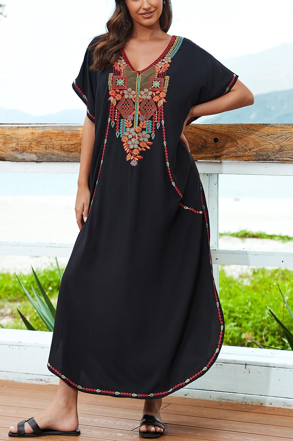 YouKD Embroidered Kaftan Dress Boho Beach Bikini Cover Up Robe Plus Size Loungewear for Women