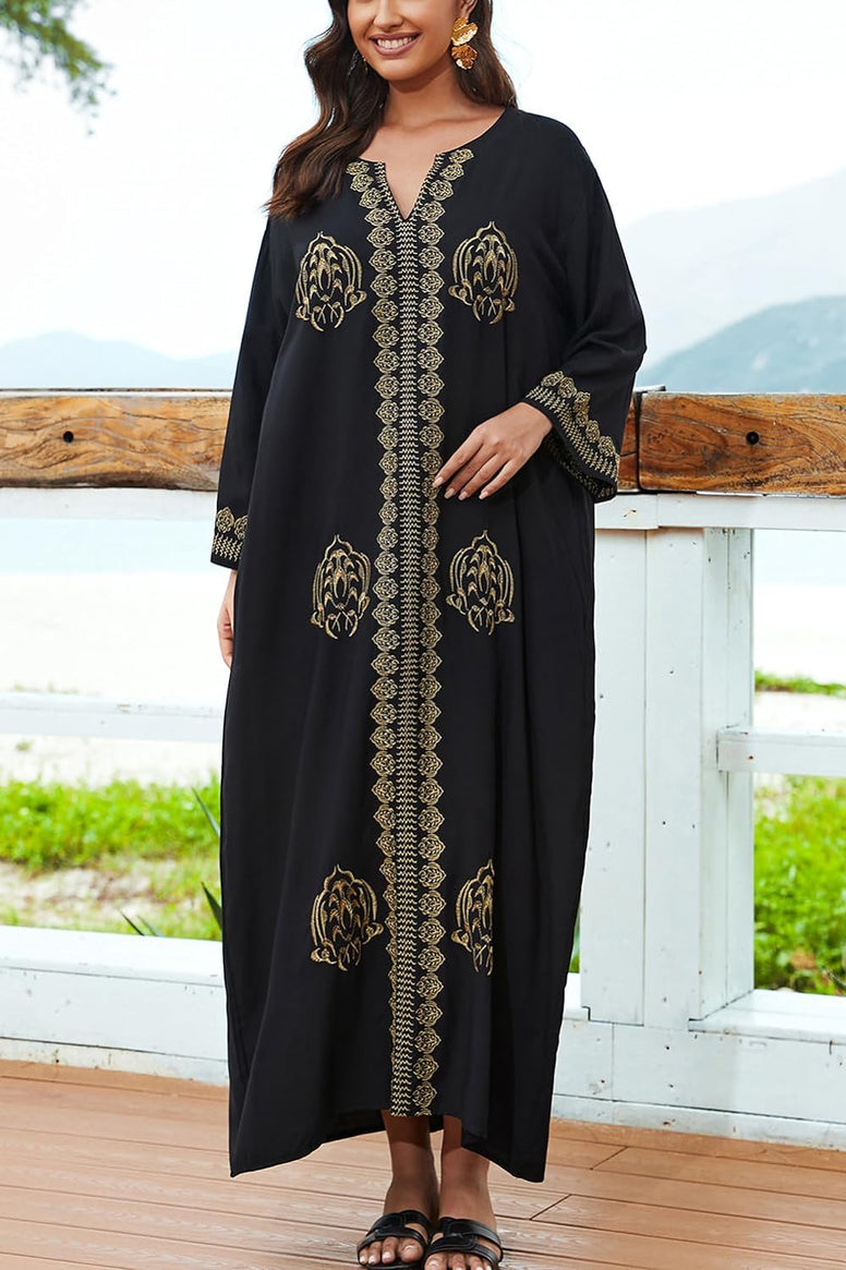 YouKD Embroidered Kaftan Dress Boho Beach Bikini Cover Up Robe Plus Size Loungewear for Women