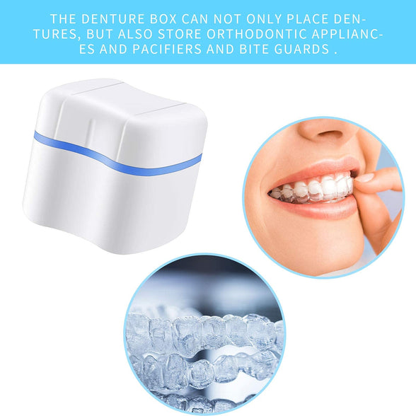 Denture Cleaner Box and Brush Set, 2 Pack Denture Bath Cases Denture Cups with 2 Pack Denture Cleaner Brushes with Denture Cleaner Brush Strainer Basket for Travel Cleaning