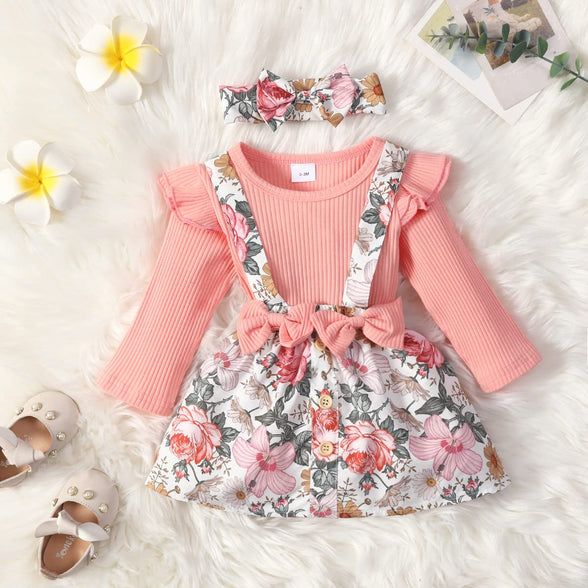 LUJENGEFA Newborn Baby Girl Clothes Floral Ruffle Long Sleeve Romper Dress Jumpsuit With Bow Headband Fall Winter Outfit Set,  for 0-3 Months