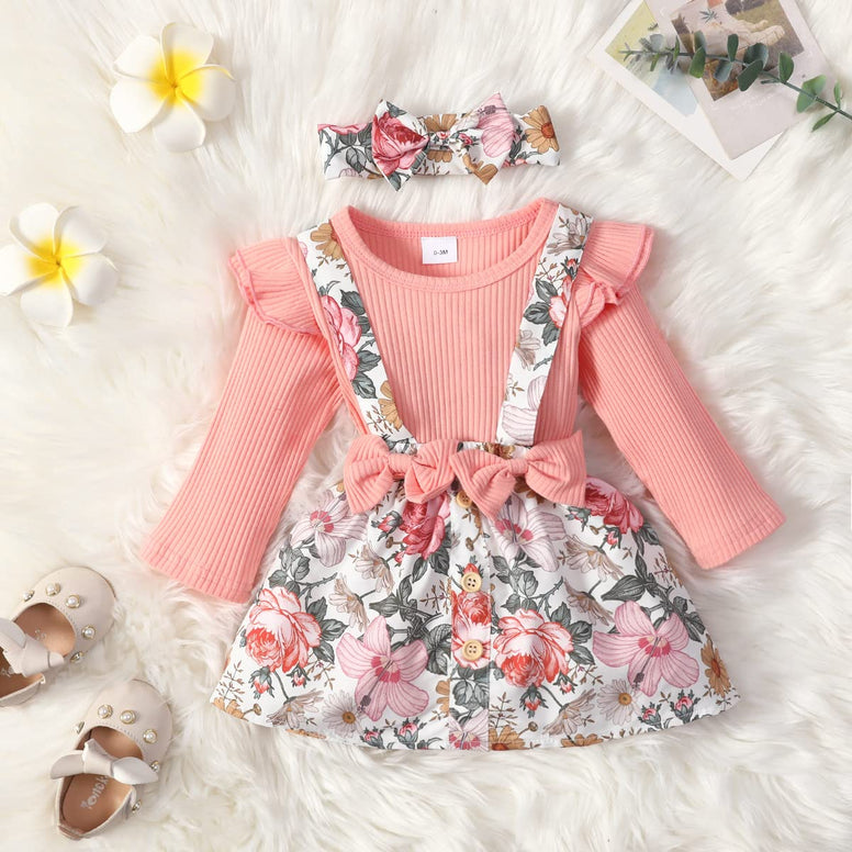 LUJENGEFA Newborn Baby Girl Clothes Floral Ruffle Long Sleeve Romper Dress Jumpsuit With Bow Headband Fall Winter Outfit Set,  for 0-3 Months