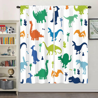 Miyotaa Dinosaur Dino Boys Window Curtains 2 Panels 42W x 63H Rod Pocket Kids Nursery Cute Cartoon Child Animal Colorful Polyester Window Drapery Treatment for Bedroom Living Room