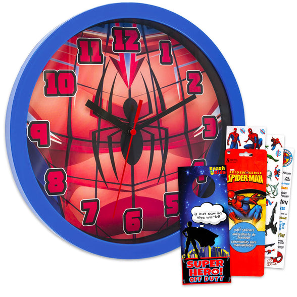 Spiderman Wall Clock for Boys Room - Marvel Room Decor Bundle with 9.75" Spiderman Wall Clock Plus Stickers and More for Kids and Adults | Spiderman Gifts