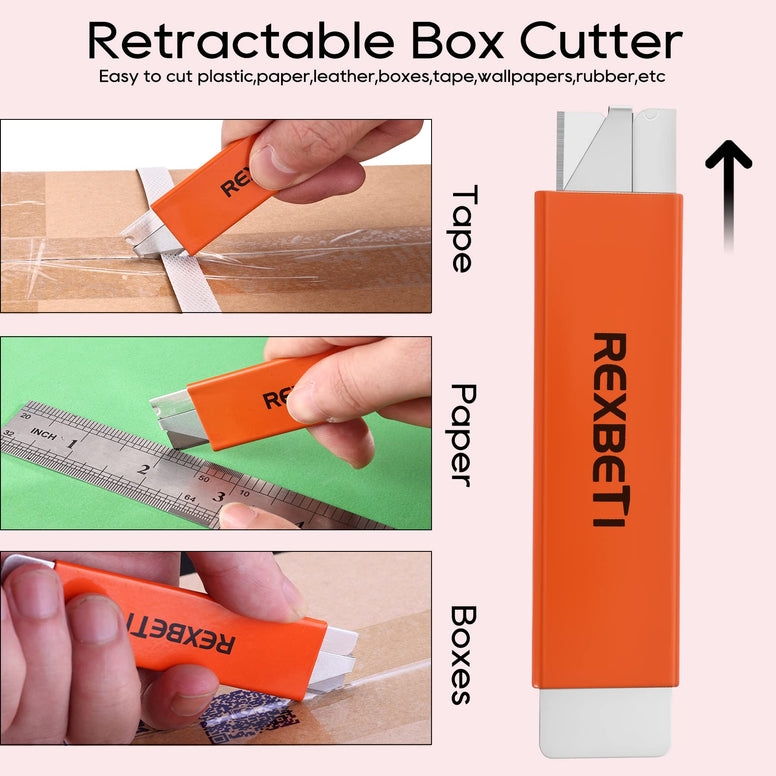 REXBETI Box Cutter, Retractable Handy Box Opener for Packages Papers and Boxes, 10 per Box, Orange