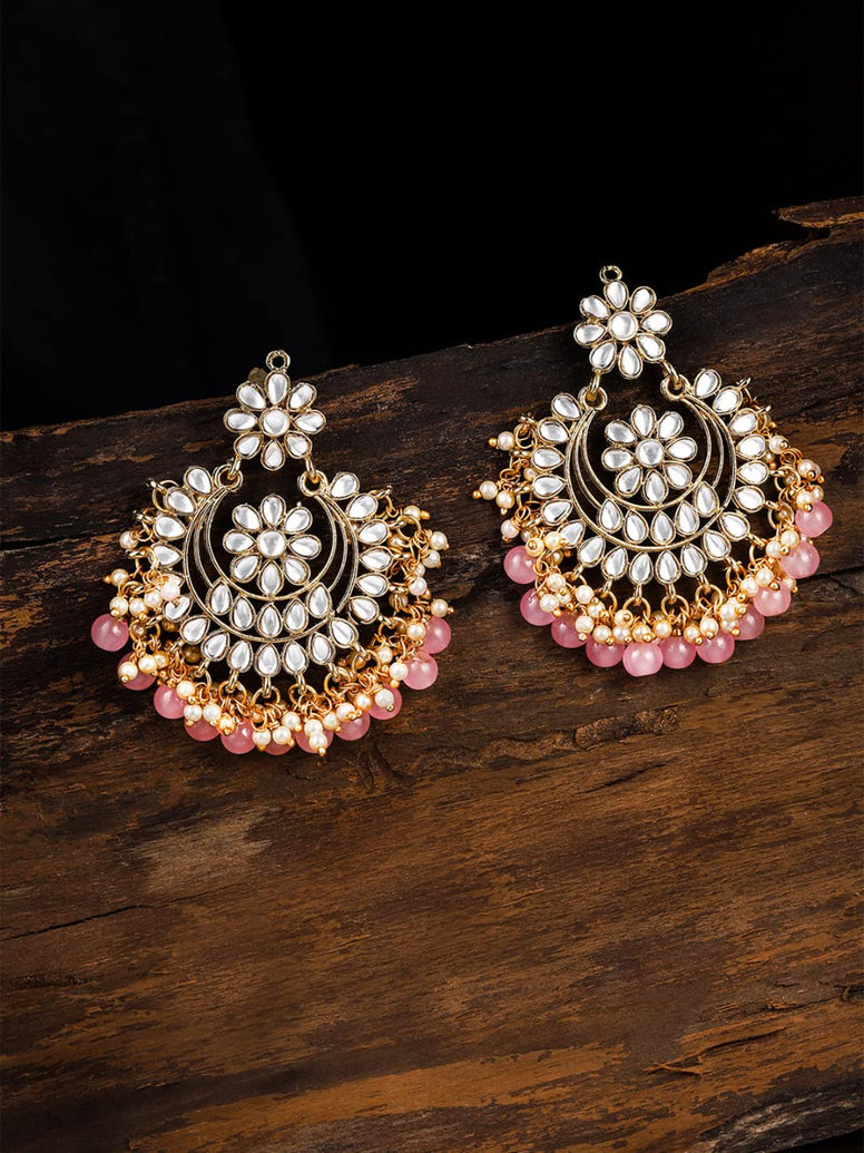 ZAVERI PEARLS Gold Tone Traditional Kundan & Pink Beads 22K Metal Gold Plated Chandbali Earring For Women-ZPFK8663