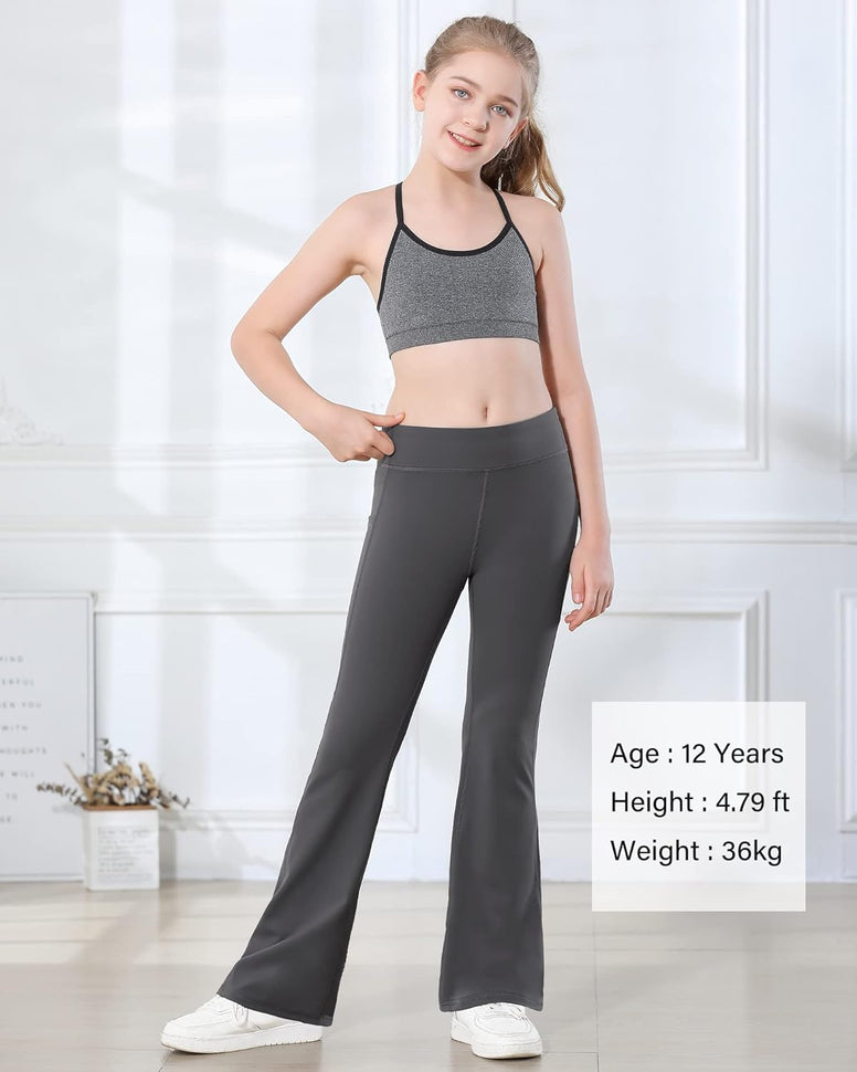 Stelle Girl's Flare Leggings with 2 Pockets High Waisted Yoga Dance Bootcut Pants Bell Bottoms Activewear Running Kids, Black, 12-14 Years