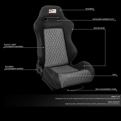 J2 Engineering J2-RS-006-GY Pair of Black Grey Stitching Suede Style Fabric Injection-Molded Foam Universal Racing Seat With Adjustable Glides Side Mount Adapters 35