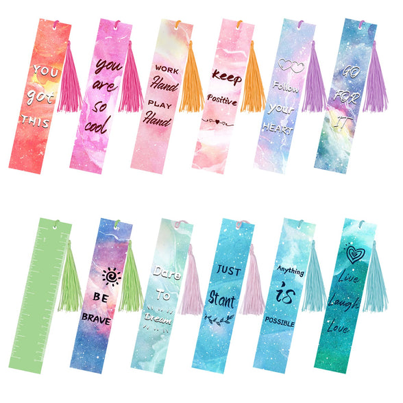 Bookmark,12 Pcs Inspirational Quotes Theme Bookmarks with 12 pcs Tassel Pendants, Double-Sided Book Mark, Page Markers for Children Boys and Girls, School Classroom Reading Present