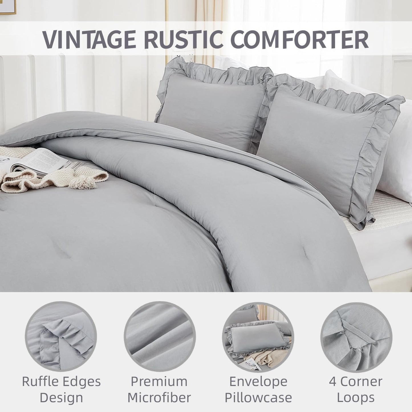 Andency Silver Gray Comforter Set King, 3 Pieces Farmhouse Shabby Chic Ruffle Comforter, Lightweight Fluffy Soft Microfiber All Season Solid Bed Comforter Set (1 Ruffle Comforter & 2 Pillowcases)