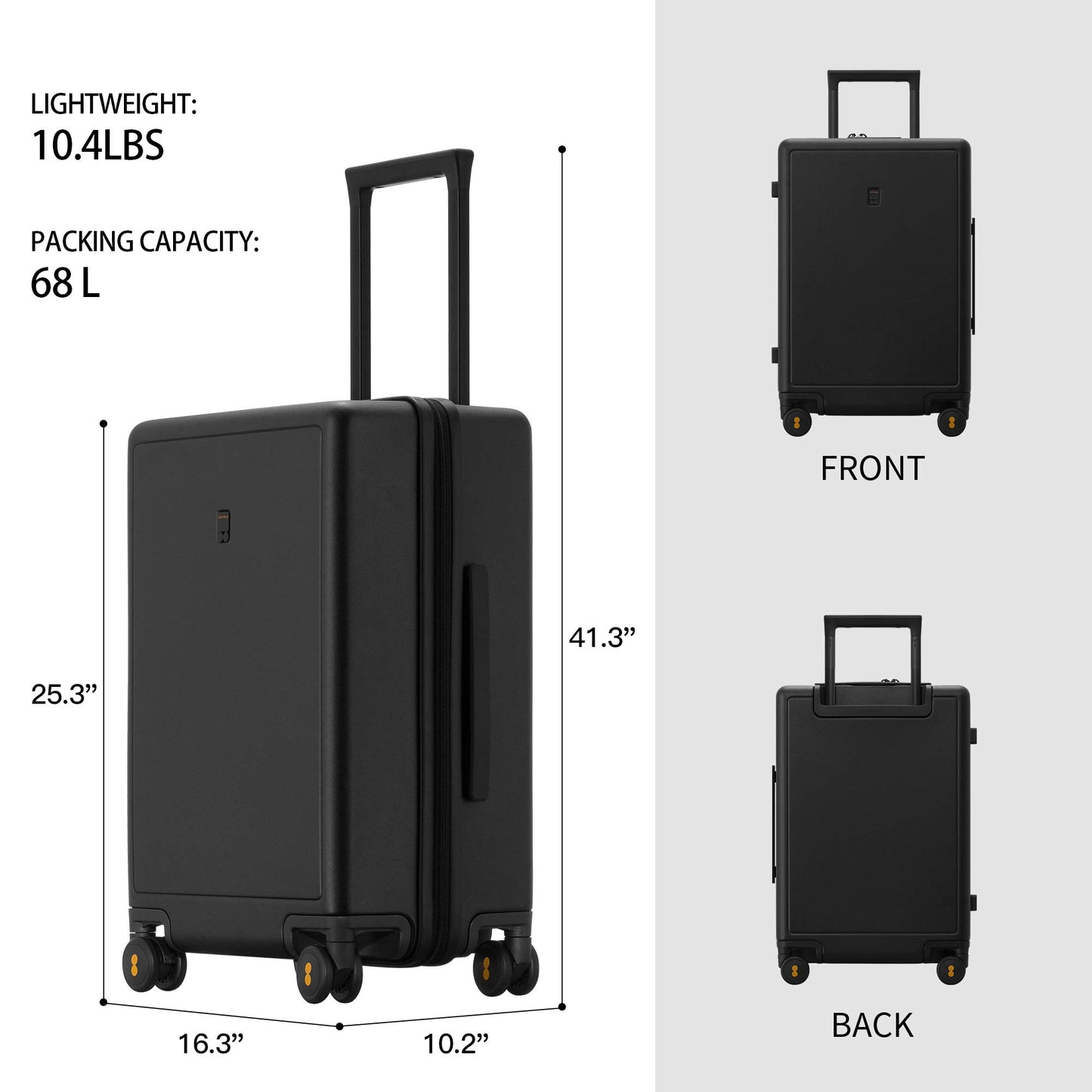 LEVEL8 Lightweight Suitcase Carry-on Hand Luggage, Elegance Matt Design 100% PC Trolley Case TSA Approved Checked Luggage Hand Trolley Suitcase with 8 Spinner Wheels,66CM,65L,Black