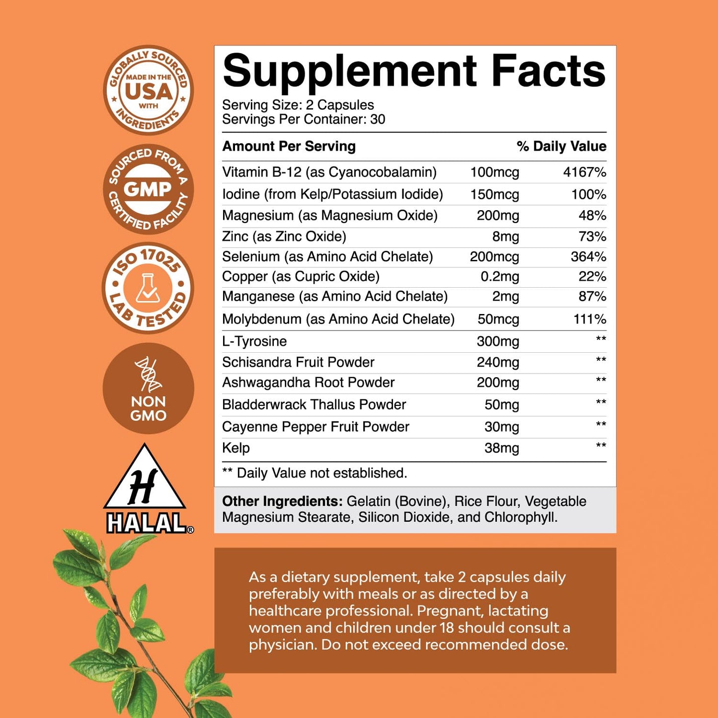 Herbal Adrenal and Thyroid Support Complex - Iodine Thyroid Supplement with L Tyrosine Bladderwrack Kelp Selenium and Ashwagandha - Mood Enhancer Energy Supplement for Thyroid Health - 60 Capsules