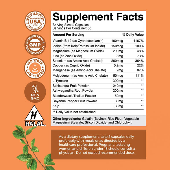 Herbal Adrenal and Thyroid Support Complex - Iodine Thyroid Supplement with L Tyrosine Bladderwrack Kelp Selenium and Ashwagandha - Mood Enhancer Energy Supplement for Thyroid Health - 60 Capsules
