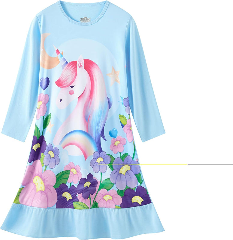 LOLPIP Girls Nightgowns 2-Pack Long Sleeves Kids Unicorn Cartoon Cotton Casual Dresses Children Size Large,6-7 Years