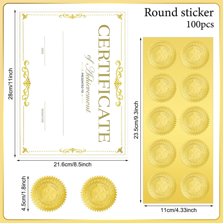 50 Packs Gold Foiled Certificate Paper Award 11 x 8.5 Inch Certificate of Completion Achievement Awards with 100 Pieces Embossed Gold Foil Seals Gold Seals Stickers for Printer Supplies